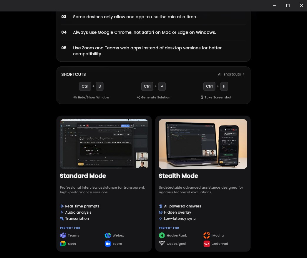 Desktop app: choosing Stealth Mode